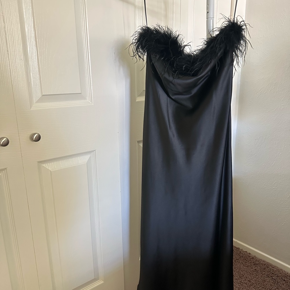 Black Satin Dress w/ Feather Trim